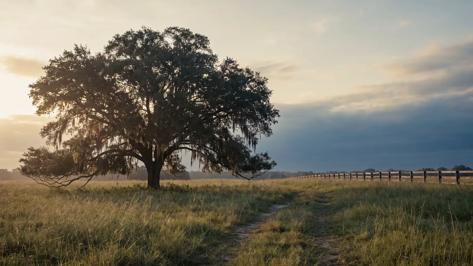 A broad live oak on family land in the Gulf South, early light